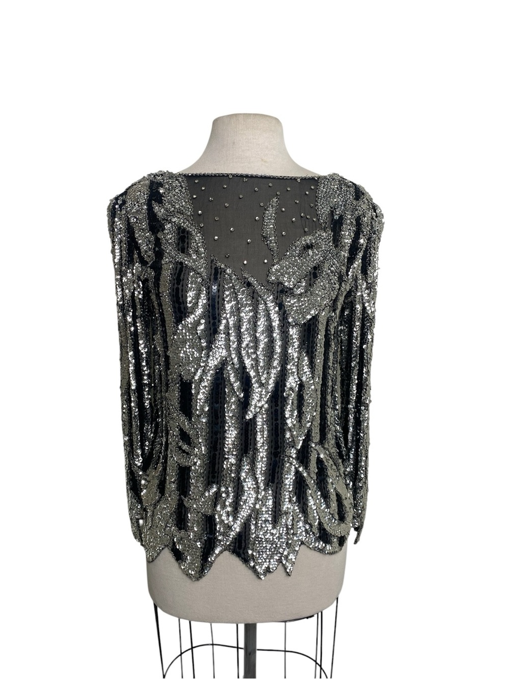 Sho Max Originals Black 1980s Silver Beaded Sequin Blouse GLAM PARTY
